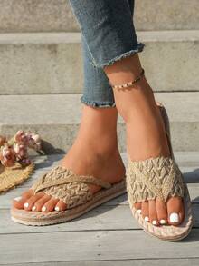 Dép xỏ ngón thời trang nữ, dép sandal xỏ ngón cỡ lớn, thích hợp cho kỳ nghỉ ngoài trời, dép hở ngón, dép sandal đế bằng trang trí nơ cho nữ, dép mùa hè nhẹ, giày đi biển chống trơn trượt cho nữ. - Màu Khaki - Xem 2