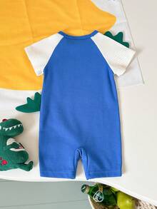 时尚男婴服装，婴儿圆领鳄鱼纹宽松短袖时尚设计男婴连体衣 - 藍色 - 查看 2