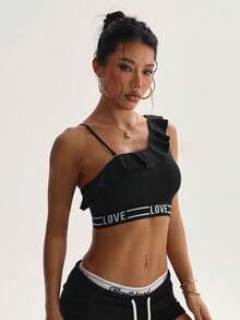 Women's Solid Color Removable Padded Racerback Ruffle Trim Sports Knit Bra - Black - View 6