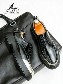 Salkin Pantofi Derby bărbătești, noi și eleganți, de designer, pantofi de damă eleganți cu șireturi, parte superioară din piele moale și confortabilă, pantofi casual bărbătești pentru zi cu zi, întoarcerea la școală, studenți, stil universitar, talpă groasă care mărește înălțimea, naveta de afaceri, ocazii formale, pantofi pentru mire, cadou de sărbători, primăvară/vară/toamnă, mărime mică, vă rugăm să comandați o mărime mai mare. - Negru - Vizualizare 1