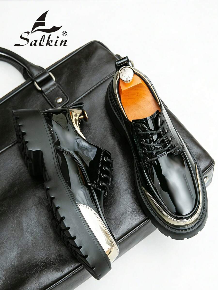 Salkin Pantofi Derby bărbătești, noi și eleganți, de designer, pantofi de damă eleganți cu șireturi, parte superioară din piele moale și confortabilă, pantofi casual bărbătești pentru zi cu zi, întoarcerea la școală, studenți, stil universitar, talpă groasă care mărește înălțimea, naveta de afaceri, ocazii formale, pantofi pentru mire, cadou de sărbători, primăvară/vară/toamnă, mărime mică, vă rugăm să comandați o mărime mai mare. - Negru - Vizualizare 1