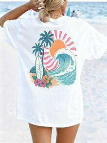 Women's Vintage T-Shirt With Palm Tree And Wave Pattern, Round Neck, Loose Beach Top For Summer, Casual Summer Tops. - White - View 2