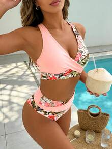 Chic Women's Floral Print Halter Bikini Set High-Waisted And Backless For A Stylish Poolside Look Beach New Arrival Festival Summer Holiday Outfits - Multicolor - View 10