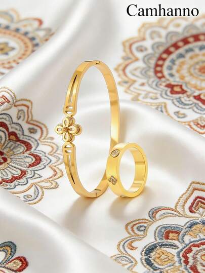 Camhanno 2/1 pieza Conjunto de joyas doradas, brazalete y anillo de acero inoxidable elegante y refinado, ideal para citas casuales, fiestas animadas, viajes diarios al trabajo y un delicioso regalo para el Día de San Valentín, con un diseño sin costuras que garantiza un uso cómodo, con un brillo sutil que realza tu apariencia con un lujo discreto y se combina perfectamente con cualquier prenda básica, ya sea que te vistas para una noche o mantengas un estilo casual para la oficina