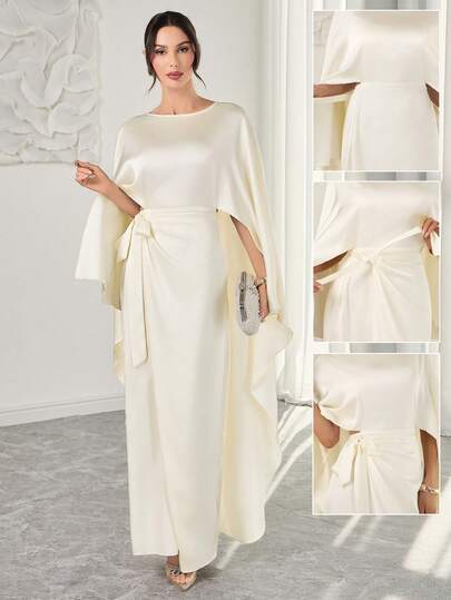 Women's Elegant Champagne Satin Dress - Round Neck, Waist Tie, Flowing Long Sleeves, Graceful Middle Eastern-Inspired Style, Ideal For Formal Occasions And Parties.