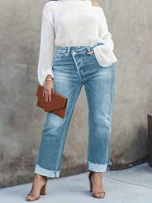 ARWY 休闲水洗猫须牛仔裤，大码修身直筒弹力牛仔裤，适合日常、度假、上学、正式场合、旅行、复活节、美国骄傲月、四季皆宜的春季穿着 - 中等水洗藍 - 查看 5