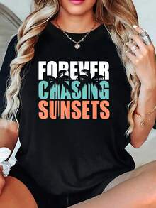 playeras de algodón mujer, Camisetas gráficas de playa para mujer, ropa de verano, con palmeras y atardeceres. conjuntos de mujer tops - Negro - Ver 6