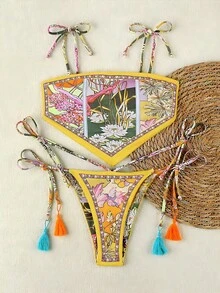 新款波西米亚风黄色碎花系带比基尼，休闲性感优雅泳衣，饰以鲜艳的碎花图案和撞色滚边，适合海滩、度假、派对等场合。 - 彩色 - 查看 2