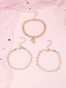 Set de 3 piezas con cadena de llavero, colgante y pulsera de cristal dorado - Dorado - Ver 5