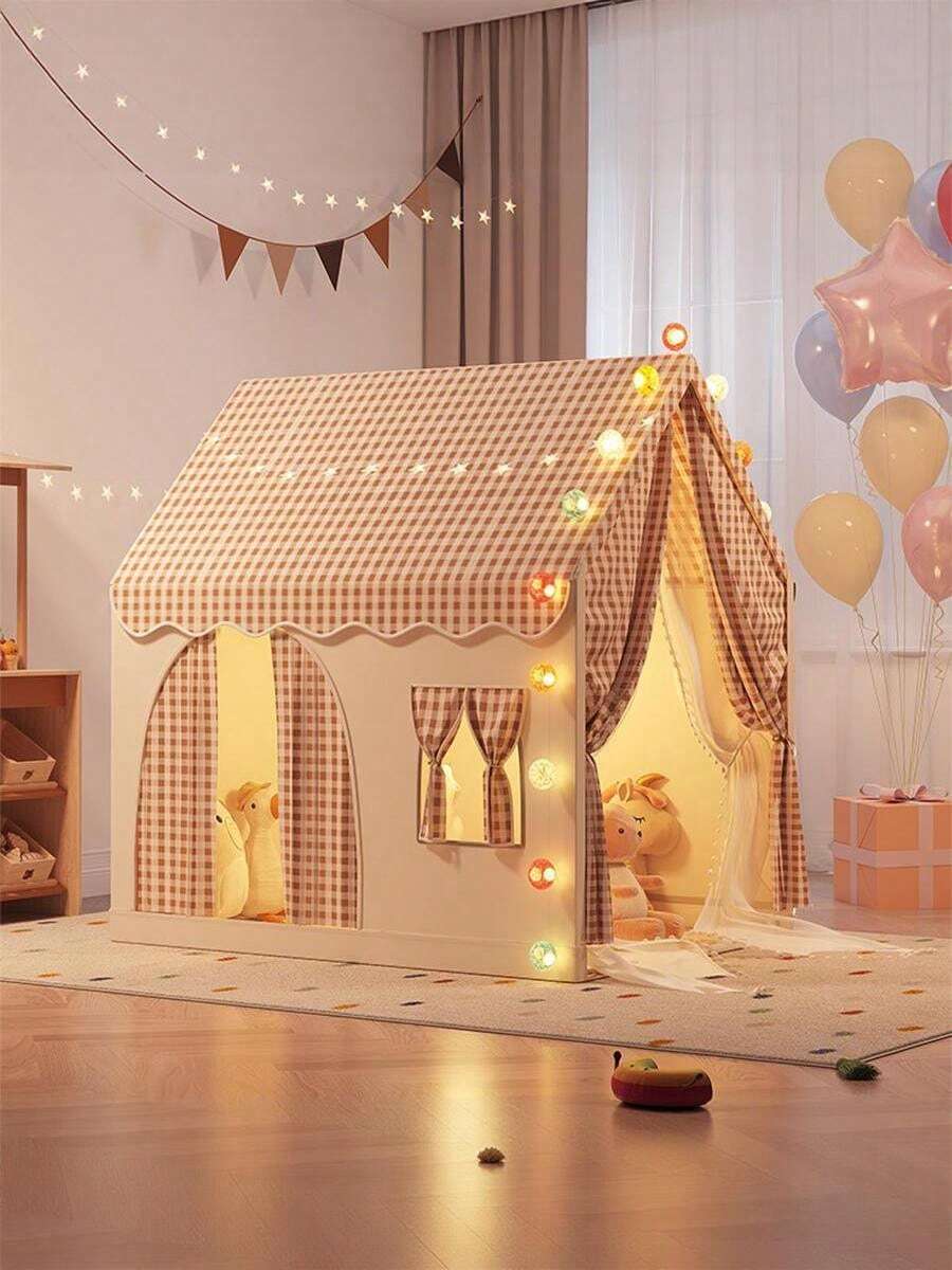 Children's Game House Tent, Large Indoor Parent Child Interactive Game Room, Crawling Game House Tent Suitable For Both Boys And Girls, Outdo Or Fun Game Tent, Durable Checkered Tent, Perfect Gift For Children, Tent For Kids, Tent, Equipped With Star Lights (Without Battery) - 卡其帳篷+燈套裝A(布質窗簾) - 查看 1