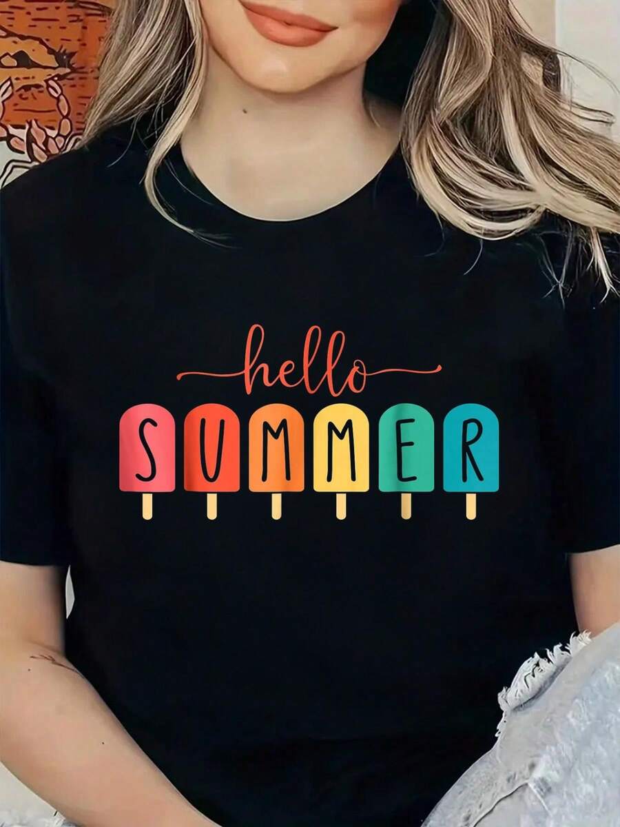 Camiseta con estampado de helado de verano, helado en palito, para mujer - Negro - Ver 1
