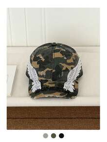 Mũ lưỡi trai vành dài kiểu hip hop rằn ri rách rưới, mũ snapback in họa tiết da báo phong cách vintage Mỹ, mũ cá tính đa năng cho mùa hè, phù hợp với khuôn mặt nhỏ để chống nắng. - Chữ có cánh - Xem 5