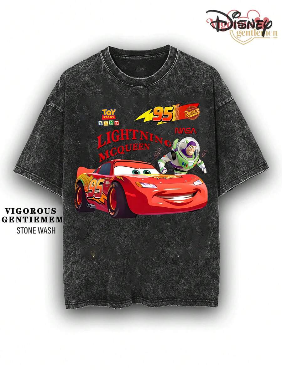 Disney Cars Lightning McQueen & Buzz Lightyear Vintage Stone Wash T-Shirt - 黑色 - 查看 1