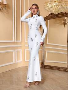 Elisanya LOVE Aing 女士优雅奢华正式晚礼服，饰以水钻，长袖鱼尾款式，适合宴会、盛会、婚礼宾客、红毯春季派对等场合。 - 白色 - 查看 5