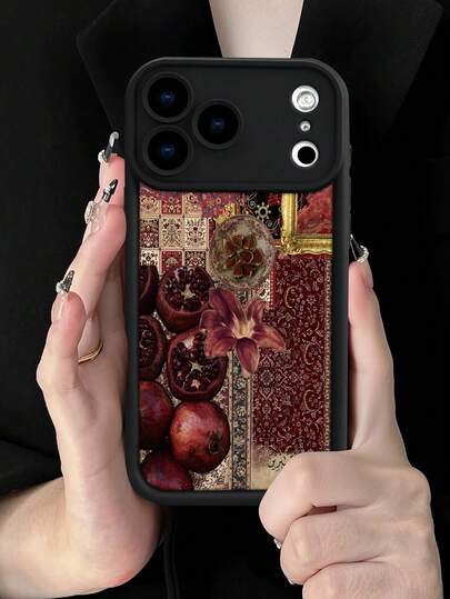 Vintage Persian Pattern Pomegranate Flower Middle Eastern Aesthetic Black Phone Case Creative Personalized High-End Middle Eastern Style Design, Black Frosted Texture Full Coverage Protective Dustproof Waterproof Soft Case, Compatible With IPhone 17/16/15/14/13/12/11/Pro/ProMax/X/XR/XS/XSMAX/7/8/PLUS And Galaxy S21/22/23/25/ULTRA/PLUS/FE, Ideal Gift For Friends, Family, Couples On Birthdays And Festivals.
