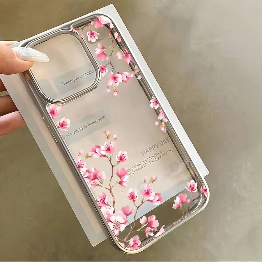 1pc Electroplated Glossy Shell Minimalist Personalized Diagonal Peach Blossom Pattern Phone Case, Compatible With IPhone 16 Pro Max, 17/16/15/14 Plus, 13/12/11 Protective Cover - Multicolor - View 1