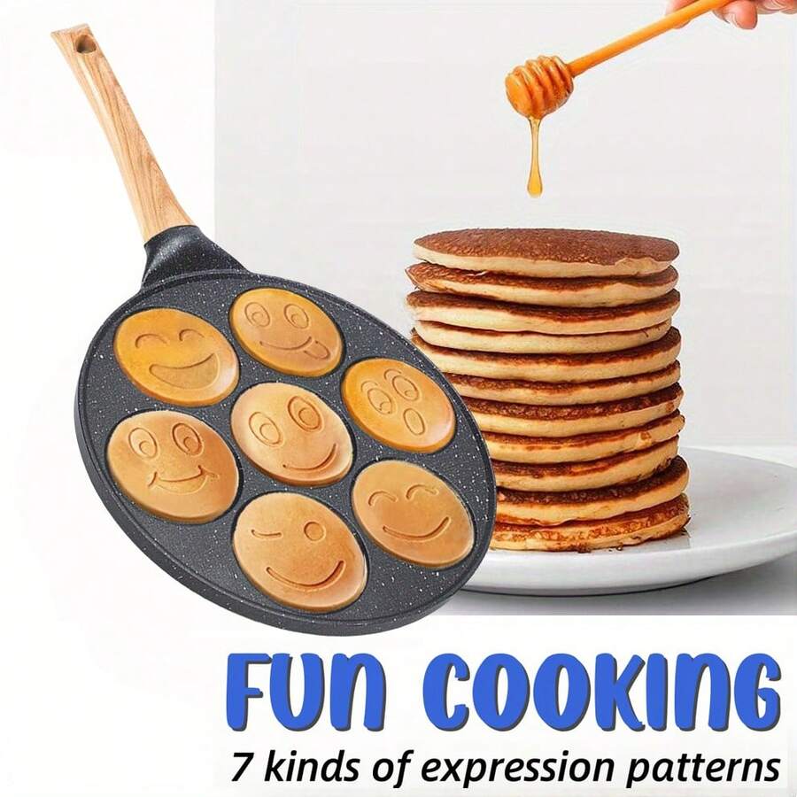 1pc Smiling Face Pancake Pan With 7 Cute Mini Smiling Face Designs, Non-Stick Pancake Griddle, Suitable For Breakfast, Brunch, Party, Birthday And Other Occasions. Not Suitable For Induction Cooktop Or Electric Stove. - Black - View 1
