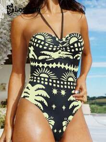 Lostzian 2026 春夏性感比基尼泳衣，波西米亚印花连体泳衣，胸部褶皱挂脖露背泳衣，适合海滩度假泳池派对情人节、嘉年华优雅休闲装扮，关注店铺 - 彩色 - 查看 5