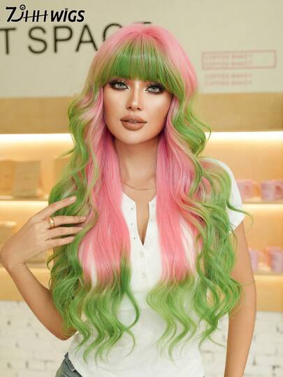 7JHH WIGS Ombre Blush Pink To Green Wig Loose Extra Long Wavy Wig For Women 30 Inch Synthetic Wave Curly Wig With Bangs, Soft High Quality Heat Resistant Fiber Hair Full Machine Colored Wigs For Halloween, Cosplay, Music Festivals, Theme Parties & Celebrations