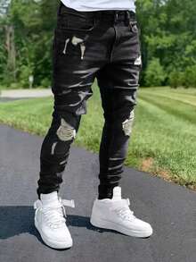 1pc Men's Black Elastic Skinny Distressed Versatile Jeans, Outdoor Comfortable Casual Cargo Skinny Jeans, Y2K Style, Suitable As Gift For Husband/Boyfriend, Daily Wear - 黑色 - 查看 1