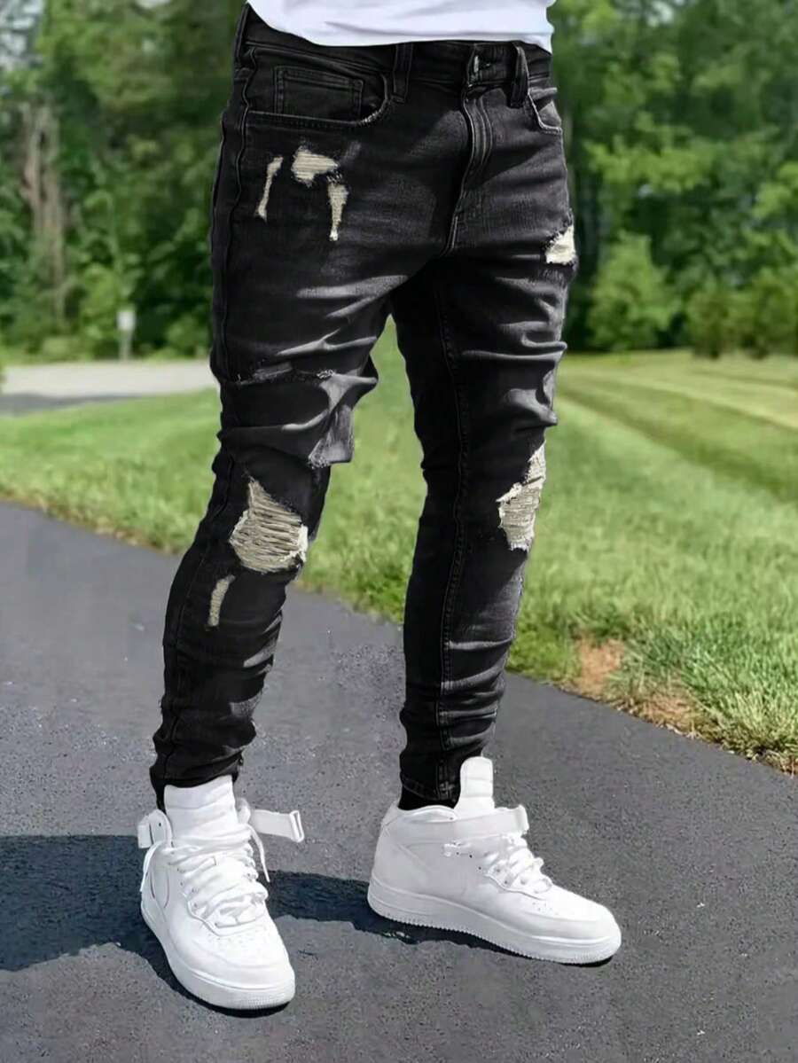 1pc Men's Black Elastic Skinny Distressed Versatile Jeans, Outdoor Comfortable Casual Cargo Skinny Jeans, Y2K Style, Suitable As Gift For Husband/Boyfriend, Daily Wear - 黑色 - 查看 1
