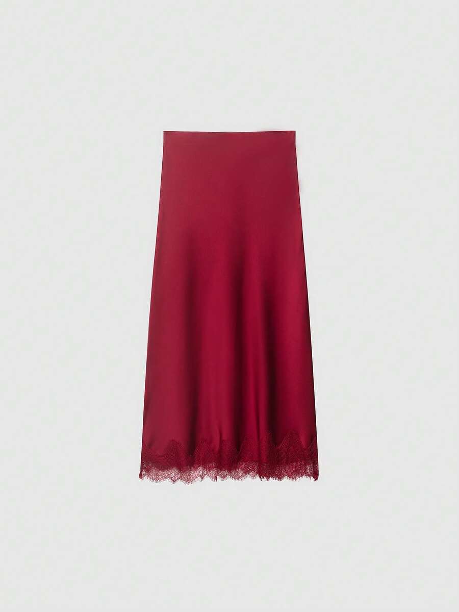 Jupe élégante à taille haute de couleur unie avec dentelle contrastante, printemps - Rouge - Voir 1
