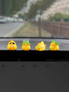 4pcs Cute Solid Color Mini Chicken & Lotus Leaf Micro Landscape Decor, Car Interior Dashboard Computer Screen Ornament, DIY Decorative Accessories - Fun Chick - View 2