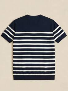 GRDR Men's Summer Knit Striped Short Sleeve Sweater, Versatile For Summer Socializing And Dining - Navy Blue - View 9