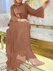 Women's Solid Color Pleated Dress, Muslim Modest Clothing, Gentle And Graceful Spring Style - Brown - View 2