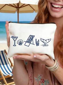 Custom Coastal Makeup Bag- Personalized With The Name "Last Toast Of The Coast" Design, Reusable Cosmetic Pouch With Design,Featuring Glasses And Seashells, Made Of Lightweight, Hand-Painted Style, Lightweight, Cosmetic & Toiletry Organizer Bag - Multicolor - View 6