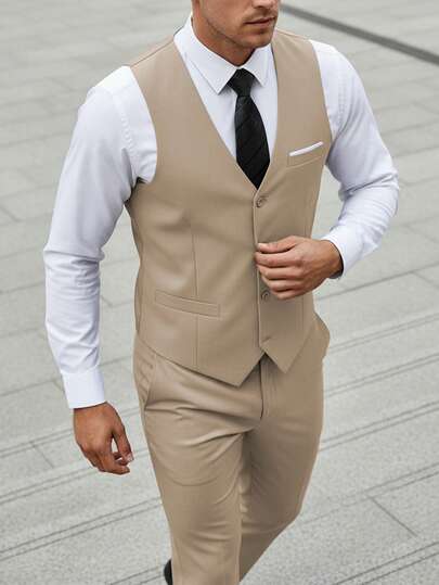 男士四件套西装马甲套装，纯色马甲和裤子，配蓝色条纹领带和黑色条纹领带，修身时尚，适合派对和商务场合。