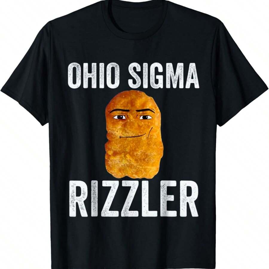 180GSM Pure Cotton Printed T-Shirt With Ohio Sigma Rizzler Funny Meme Chicken Nugget Crafted With Knitted Craft Comfortable Durable Breathable Soft Easy To Clean Stain Resistant Silly Individual Regional Internet Humor Perfect For Casual Wear And Meme Lovers Soft Texture Ensures Comfort - 黑色 - 查看 1