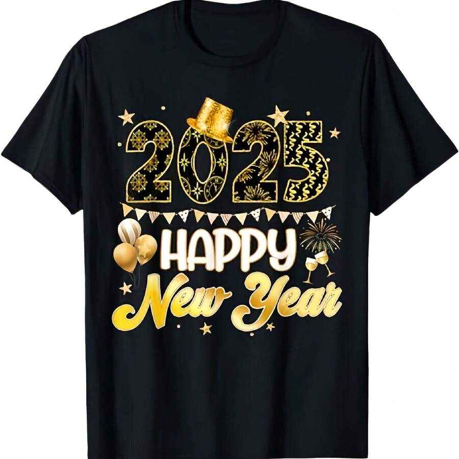 Camiseta familiar a juego para hombre y mujer con globos de la fiesta del Año Nuevo 2025 - Negro 2 - Ver 1