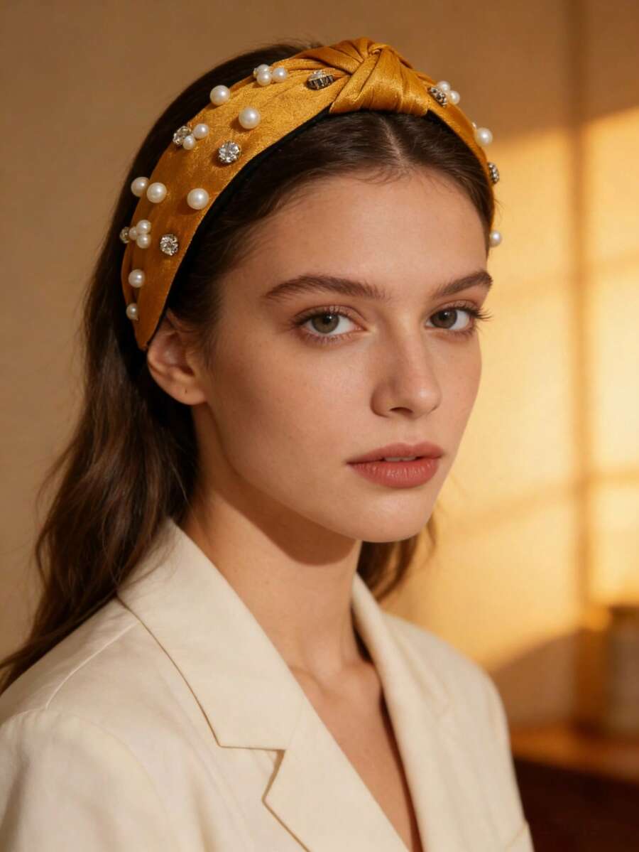 1pc Wide Pearl & Rhinestone Knotted Headband, Suitable For Daily Wear