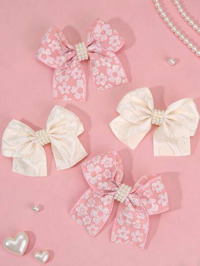 4PCS Pink Flower Beige Heart Embroidered Hair Bows For Girls, Faux Pearl Heart Ribbon Hair Clip, Fashionable And Casual Style Hair Barrettes Suitable For Daily And Party Hairpins Teens Valentine Hair Accessories
