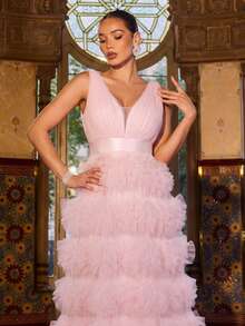 Faeriesty 女士优雅正式晚礼服，V领设计，修身剪裁，多层薄纱，层叠蛋糕式设计，薄纱拼接，修身剪裁，适合出席盛大舞会、黑领结晚宴、正式婚礼、颁奖典礼及其他正式场合。粉色系春季派对 - 粉色 - 查看 4