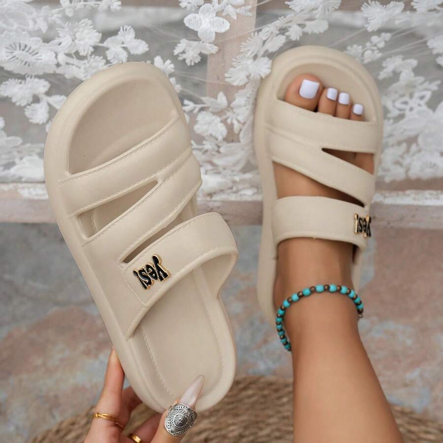 ASOFTER Fashionable Minimalist Cross Strap Thick Sole Sandals, Khaki Color Minimalist Letter Decor Outdoor Slippers, Suitable For Beach Vacation, Commuting And Multiple Occasions