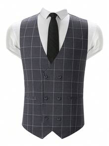 Mens Suit 4 Piece Suit Plaid Double Breasted Formal Business Wedding Prom Suit Male Groom, Blazer+Vest+Pant - Grey with Tie - 查看 3