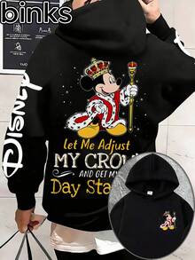 Disney Binks (Double-Sided Printing): Mickey Mouse, Crown Scepter Retro Element Cartoon Print Warm Hooded Sweatshirt, A High Street  Brand Loose Fitting Pullover Hooded Sweatshirt. Autumn And Winter Fashionable Versatile Tops, Holiday Gifts, Vintage Prints. - màu đen - Xem 1