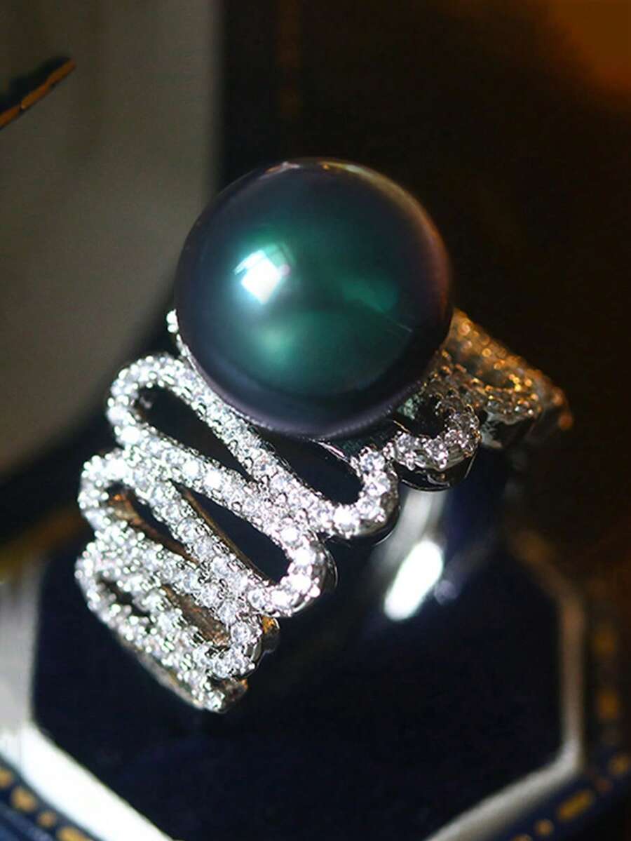 1枚优雅立方氧化锆和仿珍珠戒指，女士情人节礼物、结婚纪念日派对首饰 - 1# - 查看 1