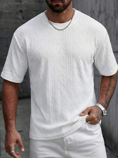 Camiseta de manga corta con cuello acanalado y estampado jacquard de unicolor a rayas para hombres, un regalo fino para novio o esposo, casual para vacaciones, hogar, deportes, al aire libre, fiestas, minimalista y versátil, tela cómoda, adecuada para uso personal o regalo a amigos