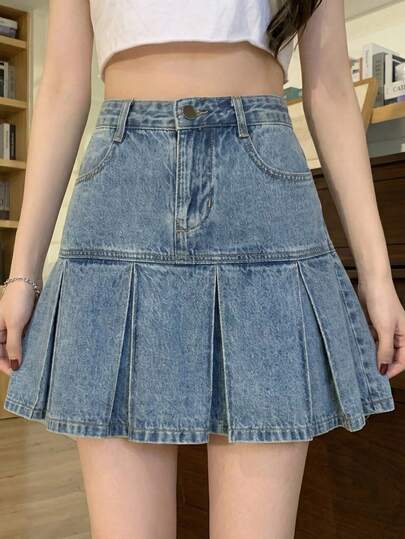 YEAE | Vintage Blue High Waist Pleated A-Line Denim Skirt