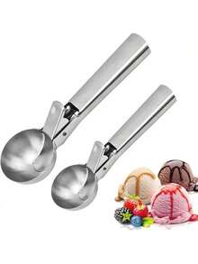2-Piece Premium Ice Cream Scoop Set, Stainless Steel Ice Cream Scoops - With Release Trigger, Heavy-Duty Metal Material, Suitable For Fruits, Ice Cream, Frozen Yogurt And Sundaes, Including Small And Large Sizes, Essential Kitchen Supplies, Must-Have Tools For Cold Drinks - Bạc - Xem 10