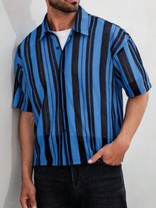 Men's Single-Breasted Casual Commuter Striped Short Sleeve Shirt - Blue - View 7