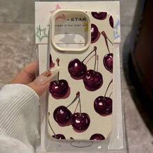 1pc Wine Red Cherry UV Printed Pattern Design Leather Texture Phone Case - Antique White - View 3