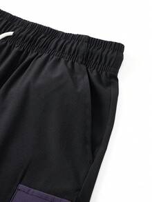 男士撞色抽绳腰带休闲宽松工装短裤，适合日常休闲穿着、工作通勤、街头时尚、户外运动。 - 黑色 - 查看 6