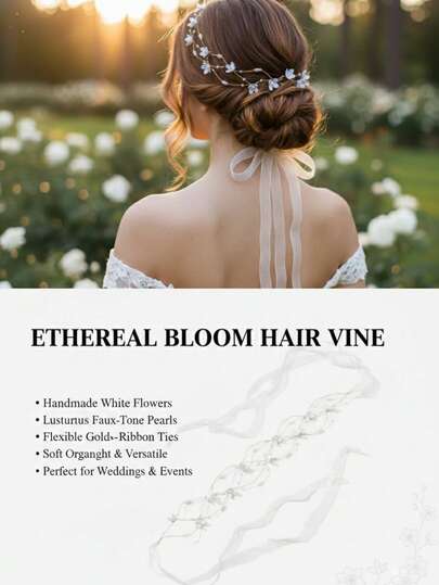 1pc Ethereal Handmade White Floral Hair Vine - Lightweight Bridal Headpiece With Faux Pearls & Organza Ribbon For Wedding, Party & Prom