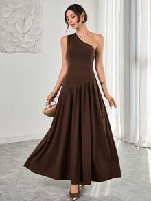 Brown Off-Shoulder Asymmetrical Long Dress, Fitted Top And Loose Bottom Design, Elegant For Formal Occasions Like Weddings - Brown - View 3