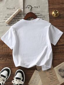 Camiseta de manga corta de cuello redondo con estampado informal para niños preadolescentes, top de verano - Blanco - Ver 5