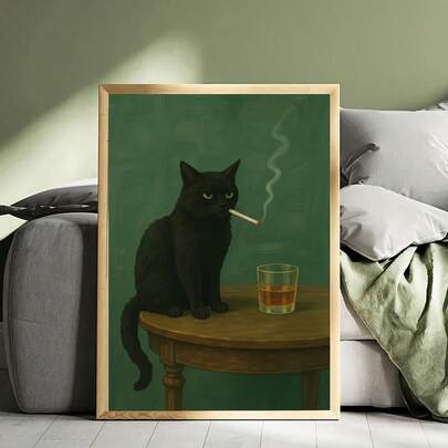 1pc Frameless Moody Black Cat Poster, Smoking Cat Whiskey Canvas Art, Waterproof Canvas Mural, Gift Art Wall Decor For Living Room, Bedroom, Bathroom, Office, Hallway, Kitchen Cuadros Para Sala Room Decor Posters